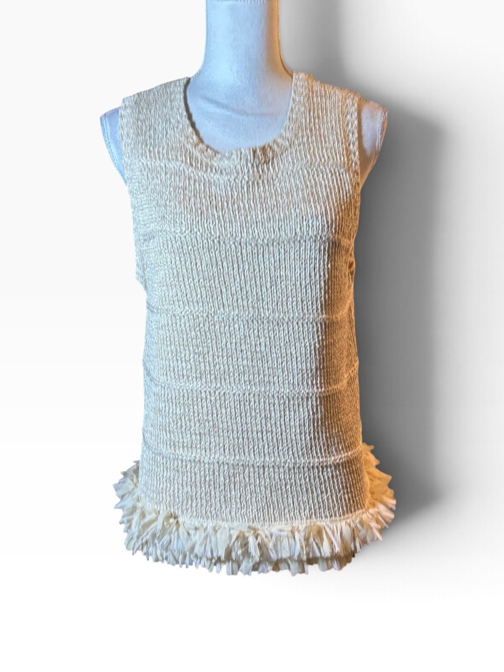 Ann Taylor Cream Knit Sleeveless Top with Fringe Hem